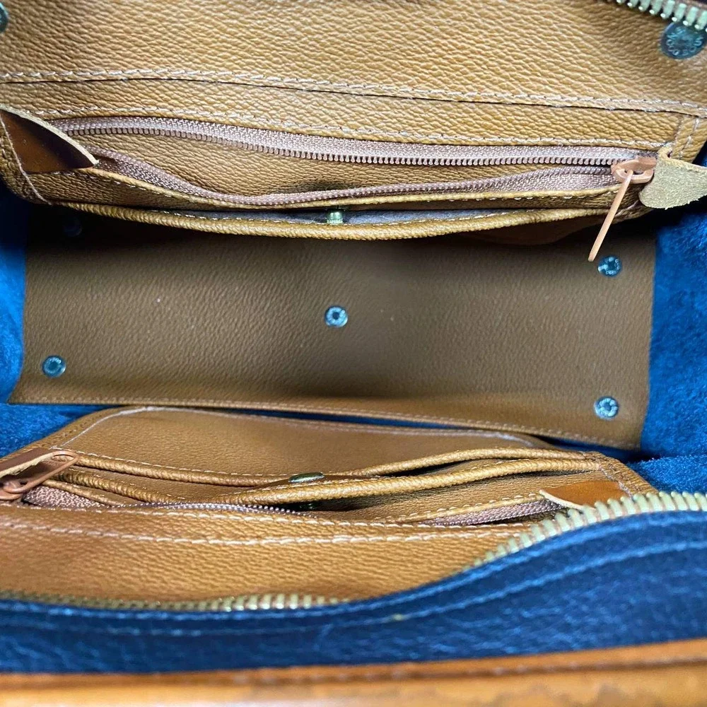 Vtg Dooney Bourke All Weather Leather Cavalry Satchel Bag Navy British Tan Purse